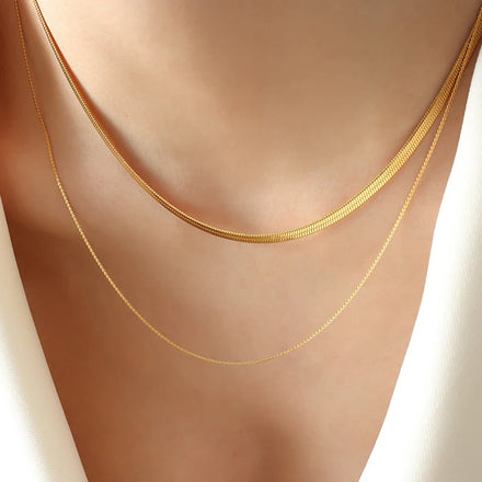 Non Tarnish Women 18k Gold Platred Double Layer Herringbone Necklace Ladies Stainless Steel Layering Necklace Waterproof Jewelry