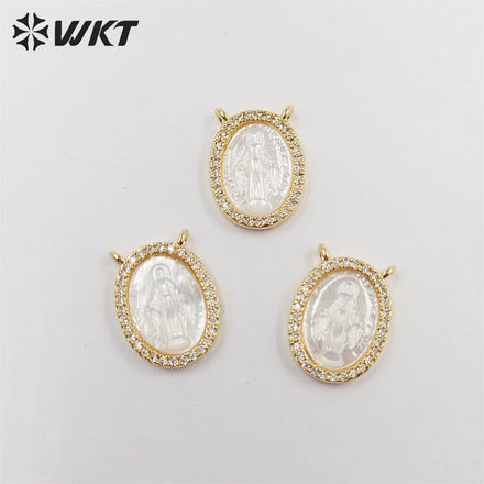 WT-JP329 Newest Lovely Micropaved Cubic Zircon Shell Miraculous Medal Pendant MOP Double Loops Religious Guadalupe Pendant