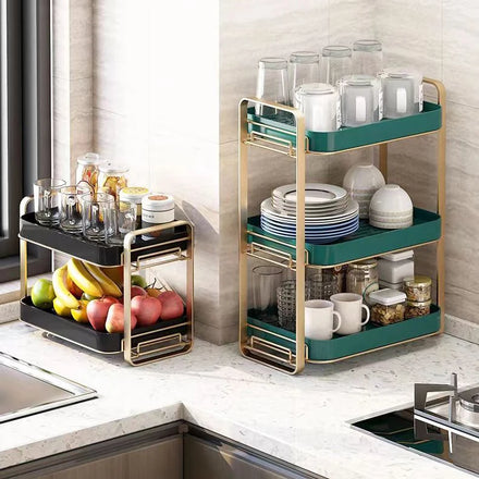 Multifunctional Beverage Storage Double Tier Drain Cup Holder Tea Set Kitchen Shelf with Non-Folding Metal+Plastic Design