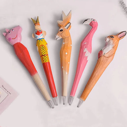 Animal Sculpture Personalized Ballpoint Fun Novelty Cute Gift Hand Carved Wooden Animal Shape Figure Gel Pens School Stationery