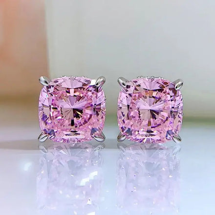 925 Sterling Silver 10mm Pink Square Cushion Cut Cubic Zirconia Stud Earrings-Trendy Rhodium Engagement Wedding Party Gift