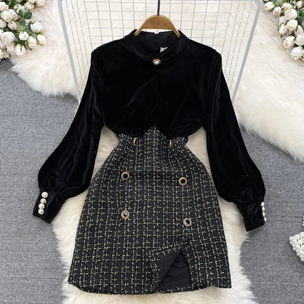 Wholesale 2026 Autumn and Winter Vintage Style Stand Collar Gold Velvet Long Sleeve Splice Slim Coarse A-line Dress