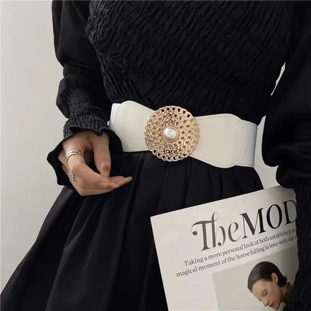 Pearl Sunflower Waistband for Jeans Pants Dresses Women Vintage Waist Belt Elastic Pu Stretch Belt