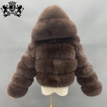 Winter Brown Hooded Short Raccoon Fur Coat Plus Size Real Fox Fur Bomber Jacket Crop Charming Fox Fur Coat
