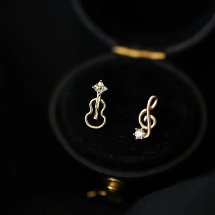 Gold Plated Pure 925 Sterling Silver Zircon Crystal Cute Elegant Note Violin Musician Stud Earrings for Women Girls