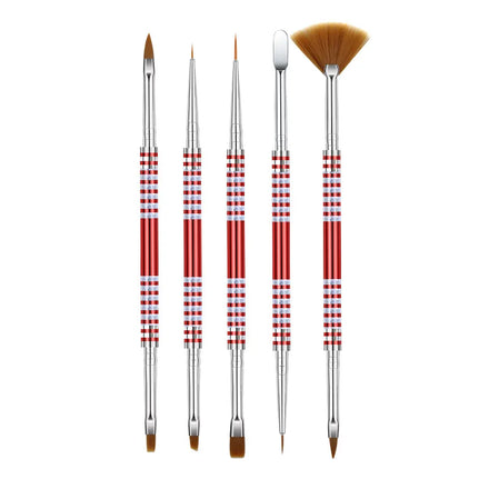 Red Handle 5pcs Set Double Head Crimped Ferrule Flat Hair Elegant Design Soft Nylon Nail Liner Powder Drawing Painting Brush