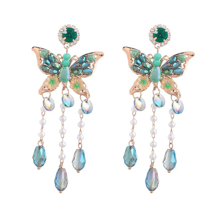 JLE16930 Fashion Crystal Butterfly Earrings Women Pearls Long Earrings Jewelry