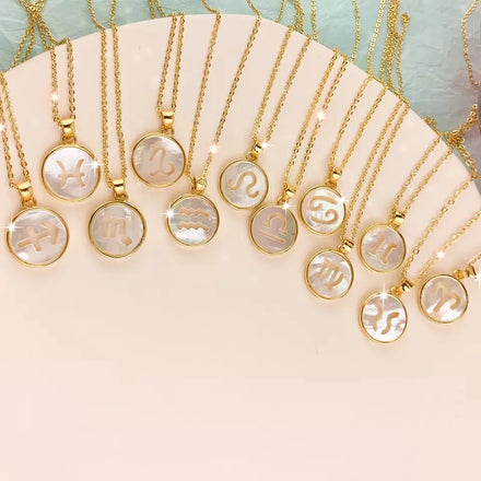 Designer Colliers Pour Femmes Stainless Steel 18K Gold Round White Shells Zodiac Sign Pendant Necklaces for Women Jewelry