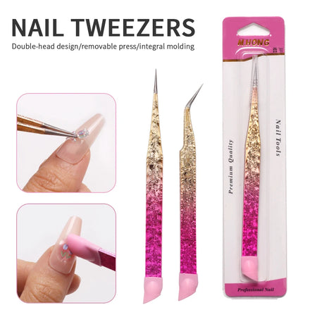 Dual-Ended Nail Art Tweezers with Silicone Presser Stick Multi-Functional Nail Tool for Sticker & 3D Embossing