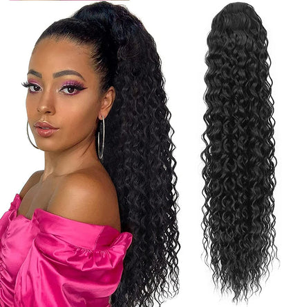 AliLeader 22 Inch Synthetic Black Women Long Jerry Curly Ponytail Synthetic Kinky Deep Wave Hair Drawstring Ponytail Extensions