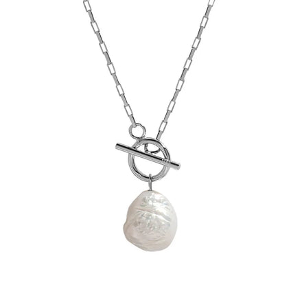 Women's 925 Sterling Silver 18K Gold Plated Water-wave Chain Toggle Clasp Necklace Irregular Baroque Pearl Pendant