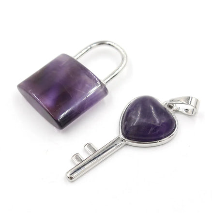 New Style Natural Crystal Stone Couples Lock Pendant Necklace Gemstone Jewelry Amethyst Rose Quartz Couple Pendant