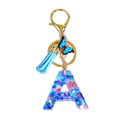 Glitter Blue Letter A-Z Keychain for Women Girls Resin Alphabet Initial Letter Pendant Key Ring With Tassel for Bag