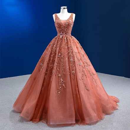 Jancember RSM222195 Spaghetti Straps V-Neck Flower Organza Empire Evening Dresses