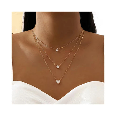 Crystal Heart Star Charm Layered Pendant Necklace Set for Women Charms Fashion Square Rhinestone Female Vintage Jewelry