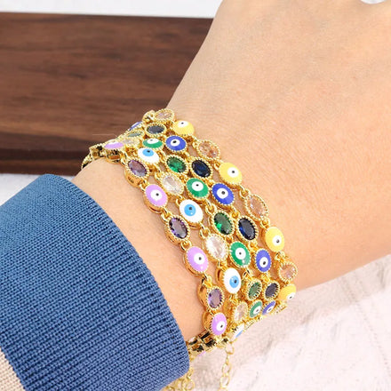 BC1461 New 18k Gold Plated Rainbow Enamel Multicolor Evil Eyes and Crystal CZ Diamond Spiritual Tennis Chain Bracelet Jewelry
