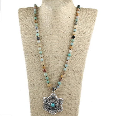 Fashion Knot Jewelry 8mm Amazonite Black Lava Natural Stone Necklace Alloy Double Flower Pendant Necklace