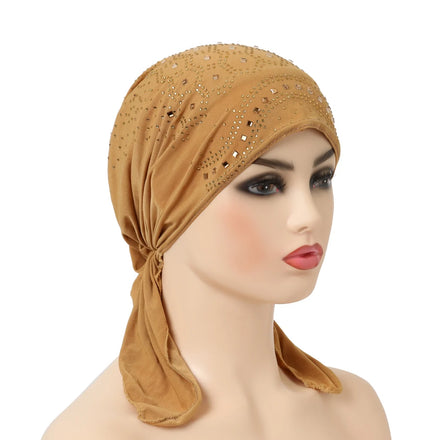 Adjustable New Rhinestone Tie Back Inner Under Hijab Bonnet Cap Scarf Hair Chemo Beanie for Spring for Muslim Department