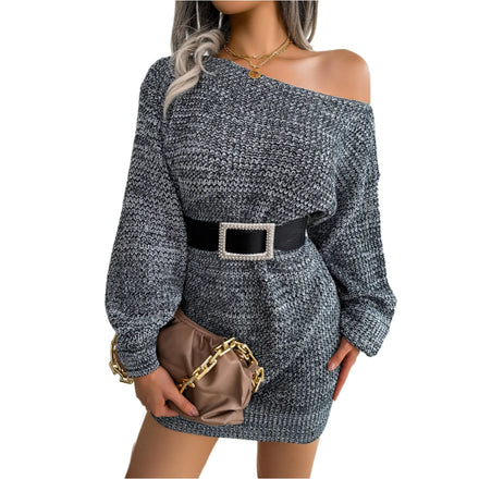 Wholesale 2022 Autumn Winter New Acrylic Long Sleeve Lantern Sleeve Casual Breathable Midi O-Neck Pullover Dress Natural Waist