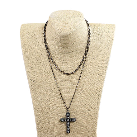 Punk Link Chain Jewelry 2 Layer Black Gun Plated Alloy Chain Necklace Black Crystal Alloy Cross Pendant Necklace