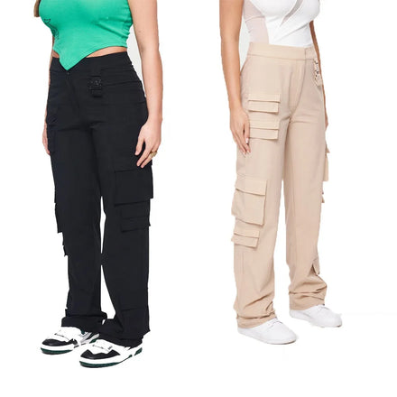 KY MULTI Women's Summer Cargo Pants Wide Leg Baggy Fashion Trousers Elastic Waist Flat Patchwork Ruffle Pocket Cargo POCKET