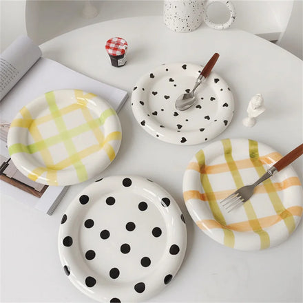 Ins Korea Underglaze Color Plaid Ceramic Chubby Plate Hand Painted Desserat Salad Round Plate