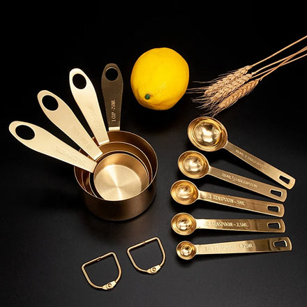Premium 9-PC Full Stainless Steel Measuring Cups Spoons Set New Style Rose Gold Color Kitchen Baking Tools