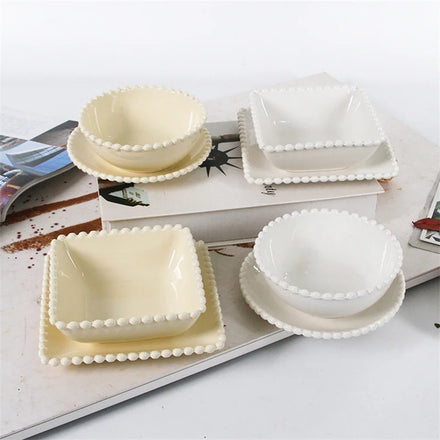 Ins Korea Vintage Cream Pearl Rimmed Ceramic Plate Creative Nordic Western Food Salad Dessert Bowl