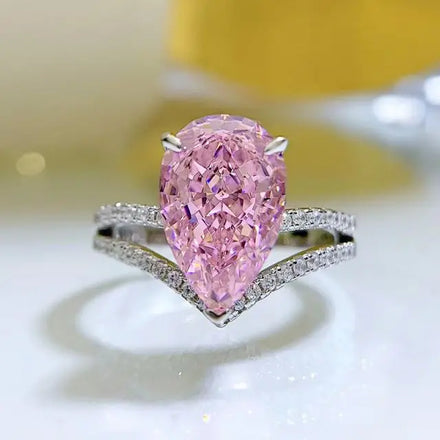 925 Sterling Silver Rhodium Plated Light Pink Water Drop Pear Cut Cubic Zirconia CZ Wedding & Anniversary Ring for Women