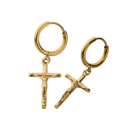 Single Piece 18K Gold Plated Stainless Steel Huggie Hoop Crucifix Cross Charm Sword Earrings Simple Angel Wings Earrings for Men
