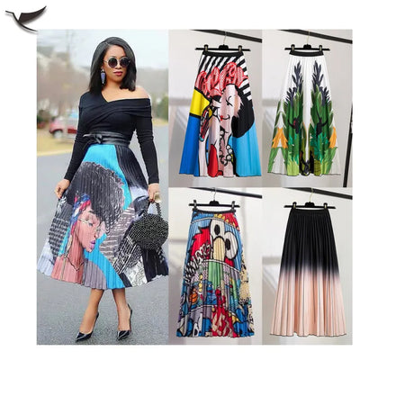 Fashionable Women's Printed A-Line Dress Formal Midi Pleated Skirts Bohemian Long Dress
