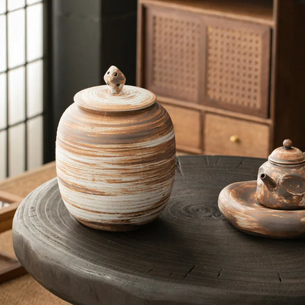 Stone Top Tea Jar Japanese Style Coarse Pottery Storage Jar Large Capacity Tea Warehouse Sealed Tea Container Storage Tank