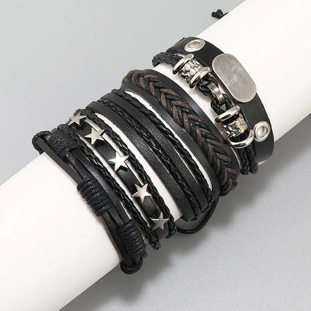 Hot Sale Handmade Woven Leather Bracelets 5pcs/set Star Accessories Hip-hop Punk Style Rivet Bracelet for Men Fashion Charm