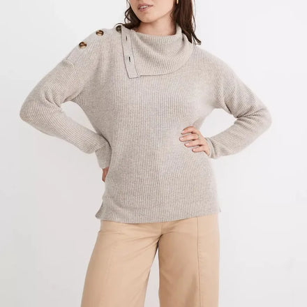 2023 Winter Custom Design LOGO Solid Color Oversized Button-Shoulder Long Sleeve Turtleneck Pullover Women Knitted Wool/Cashmere