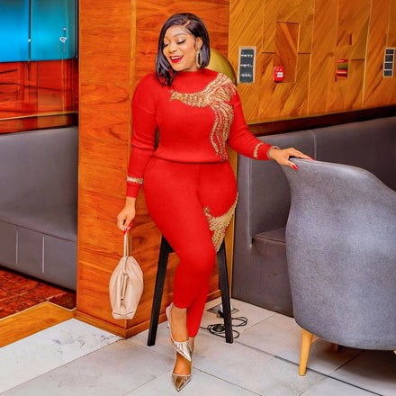2026 African Women Sweat Suits Winter Beading Women's Thermal Coat and Trousers Two Piece Set