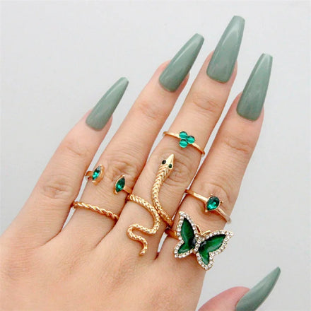 Wholesale 6pcs/set Adjustable Design Snake Butterfly Water Drop Green Gemstone Twist Fashion Jewelry Rings