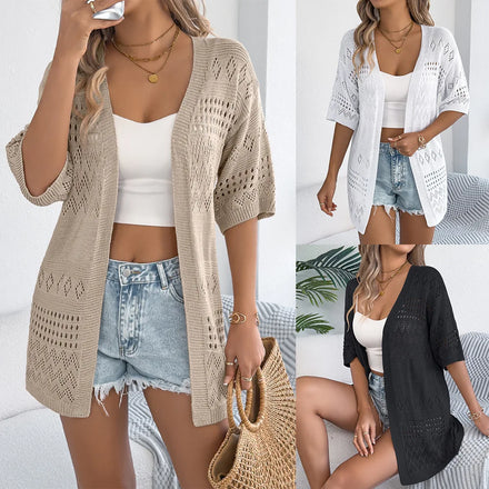 Women's Hollow Out Knit Cardigan Short Sleeve Open Front Summer Kimono Cover up Loose Beach Sweater
