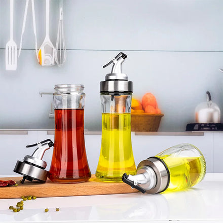 Modern 6Oz Glass Oil and Vinegar Dispenser Clear Glass Oil Bottle with Pouring Spouts Printed Design for Olive Oil