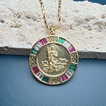 Wholesale Holy St Jude Thaddeu Necklace Jewelry for Women High Quality Metal Zircon Round Medal Religious Pendant