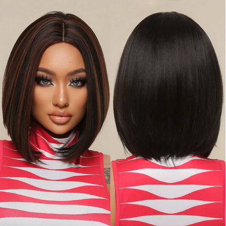 Factory Direct Short Brown Highlight Synthetic Hair Wigs Mixed Brown Middle Parting Bob Straight Wig for Black Women