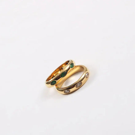 Joolim Jewelry Wholesale 18K Gold Plated Green White Three Eye Zirconia Stainless Steel Rings for Women Dainty Rings