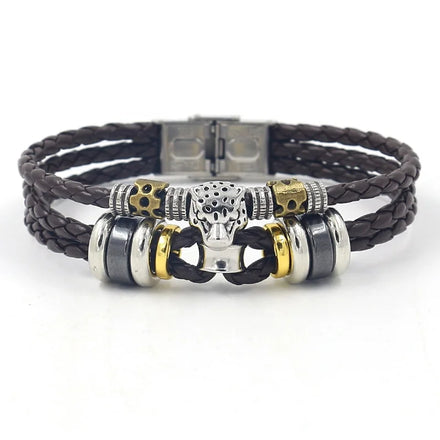 Punk Jewelry Multilayer PU Braided Leather Rope Alloy Leopard Head Beaded Wrap Bracelet for Men
