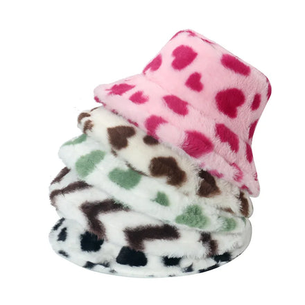 Winter Heart-shape Print Bucket Hats for Women Warm Plush Fisherman Hat