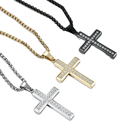 Wholesale Religious Waterproof No Tarnish Rhinestone Diamond Pearl Box Chain Unisex Stainless Steel Cross Pendant Necklace
