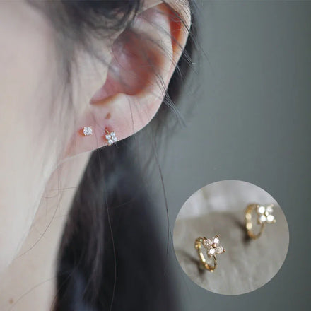 14K Gold Plated 925 Sterling Silver Simple INS Four Clover Leaf Zircon Crystal Hoop Earrings for Women Girls