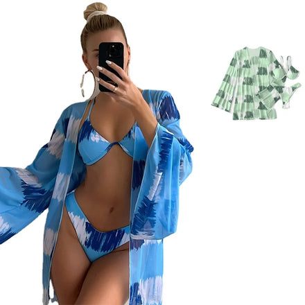Three Pieces Bikini Set Cover up Women _ New Push up Twist Swimsuit Print Long Sleeve Swimwear Biquini Bathing Suit Summer