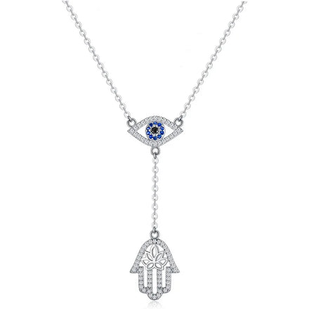 925 Silver Rhodium Plated Tassel Pendant with Blue CZ Devil's Eye Ham Palm Necklace-Trendy Party Jewelry