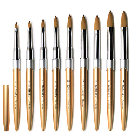 Custom Gold Metal Rod Pure Kolinsky Acrylic Nail Brush Private Label Crimped Head Nail Art Brushes Supplies for Acrylic Manicure