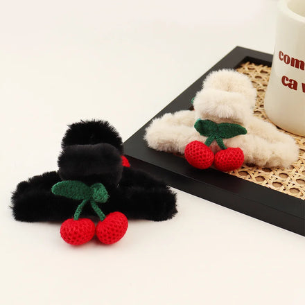 MIO Cute Crocheted Red Cherry Fluffy Hair Claw Clips for Women Girls Winter Fashion Handmade 11.5cm Long Hairy Clamp Clips Grips