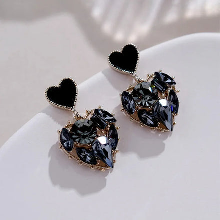 Vintage Women Heart Shape Cute Drop Earrings 2022 Fashion Black Crystal Love Heart Statement Earrings for Women Jewelry Gifts